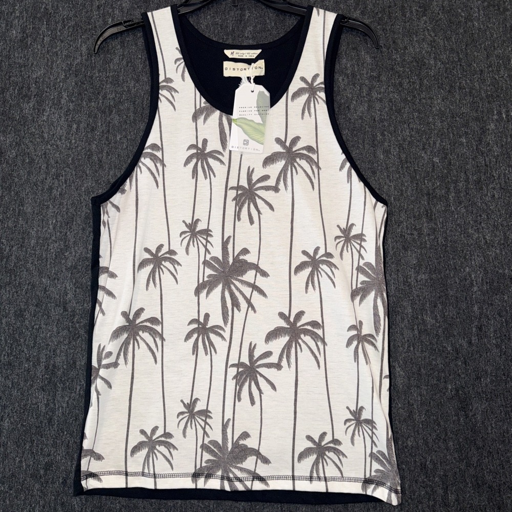 Distortion Tank Top Mens Medium Black White Palm Trees Beach Travel Summer
